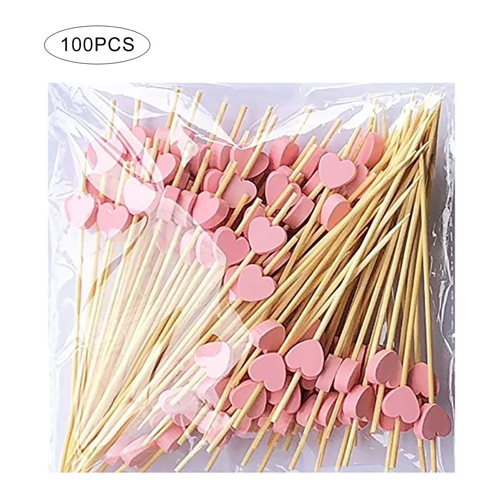 100 Pack Of 12cm Love Fruit Skewers Disposable Platters Sushi Burgers Cocktails Snacks Bamboo Skewers