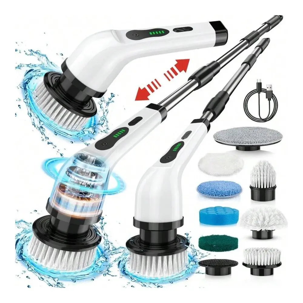Electric Spin Scrubber, Cordless Cleaning Brush, Shower Cleaning Brush With 9 Or 6 Brush Heads 2H Power Dual Speed, Adjustable E