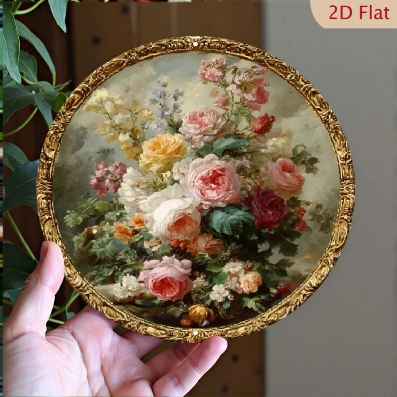 2D Flache, Vintage Pfingstrose Metall-Wanddekoration - Runde Botanische Pfingstrosen-Plakette - Aluminium 20x20 cm (für Innen & Außen geeignet) - Elega