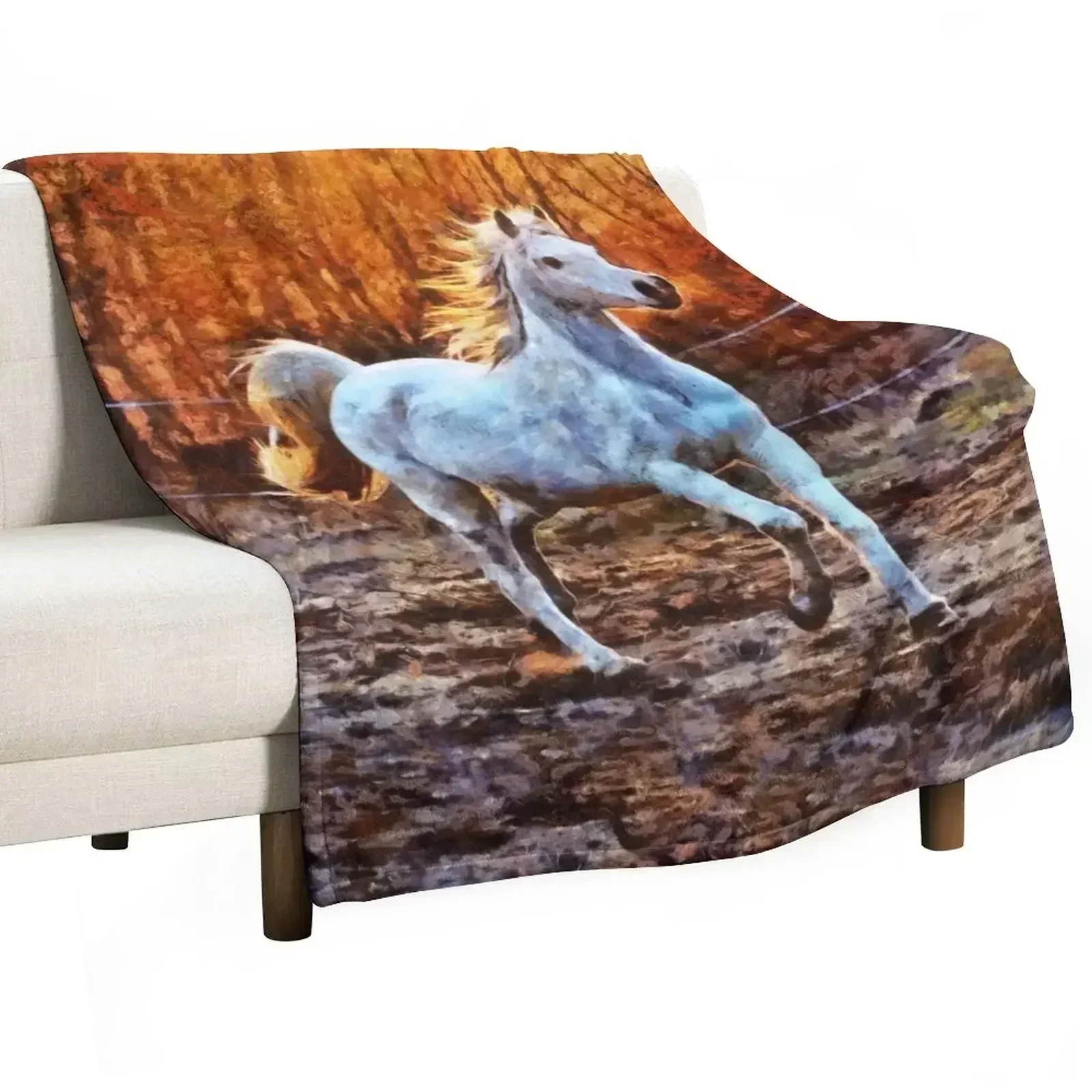A White Horse Galloping With The Sun Setting Behind The Trees Digital Painting Throw Blanket Sofa Blankets