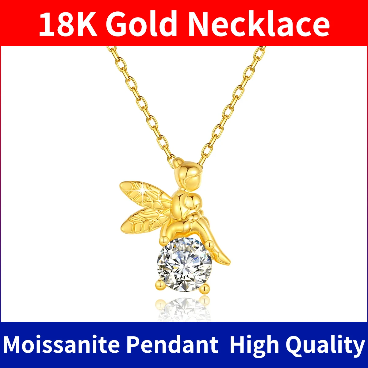 

100% 18k Gold Necklace With Pendent Moissanite 1ct 6.5mm Certificated Angel Pendants Charms Wedding Jewelry For Women 2024 Trend