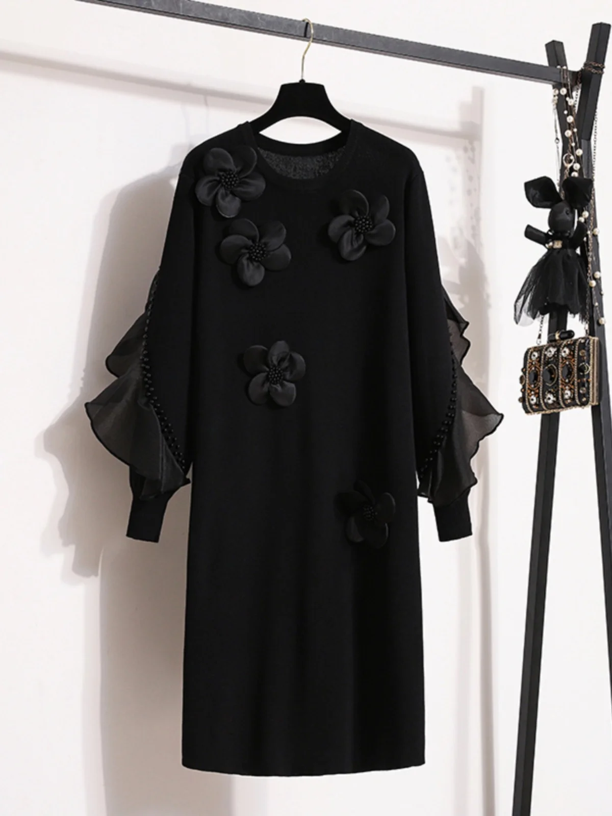 Black Knitted Floral Dress Women's Spring Autumn plus Size Base Layer Sweater Dress Three Dimensional Decorations High Waist