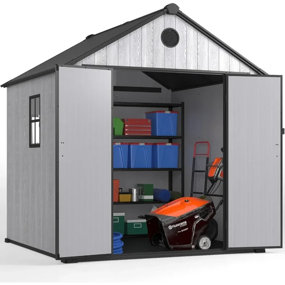 8x8FT Outdoor Storage Shed, Resin Sheds with Floor, Plastic Sheds with Floor for Garden Tool, Waterproof Outdoor Resin Shed