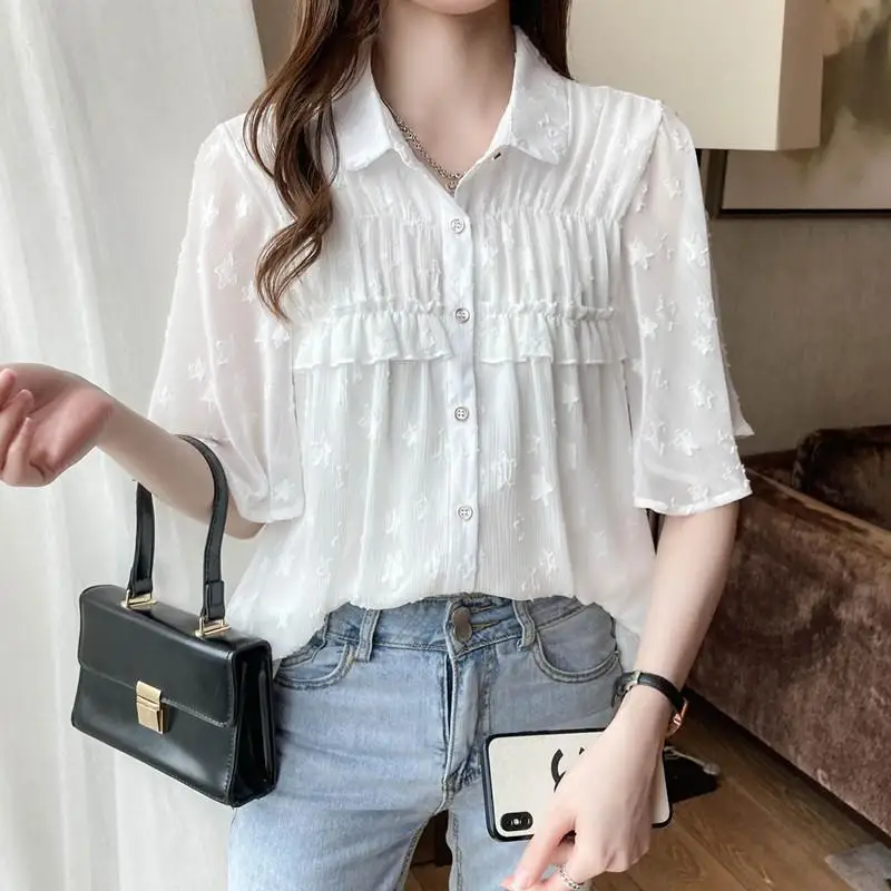 Fashion Solid Color Button Spliced Ruffles Chiffon Shirt Women\'s Clothing 2023 Spring New Casual Tops Loose Office Lady Blouse