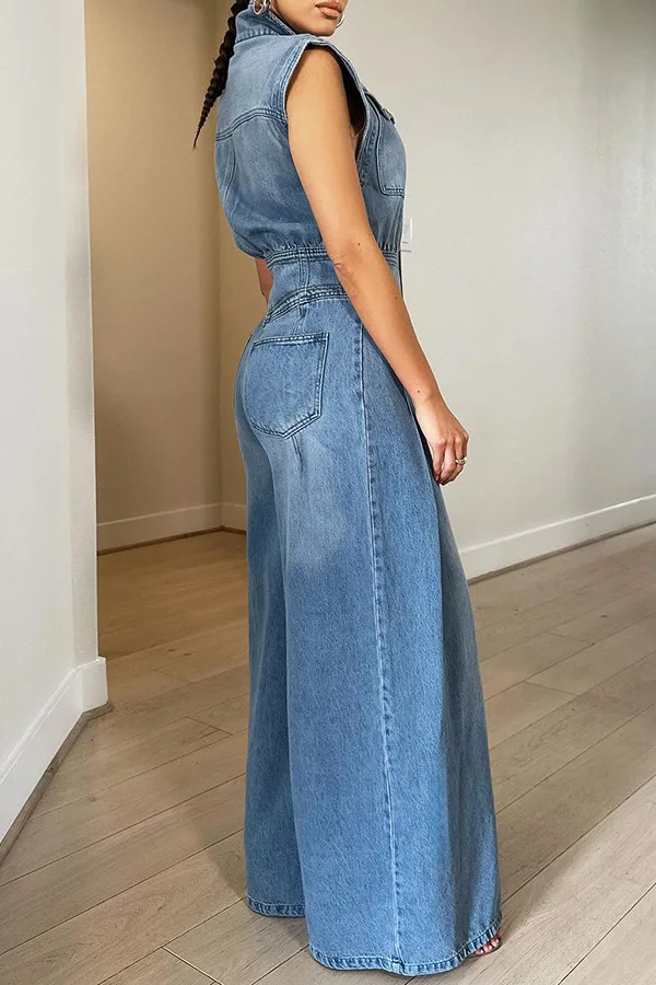 Jeans Denim One Piece Wanita Overall Tanpa Lengan Pinggang Tinggi Kerah Lipat Kaki Lebar Celana Panjang Romper Musim Panas 2025