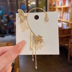 Fashion Butterfly Zircon Ear Cuff Gold Color Tassel Clip Earrings for Women Korean Copper Earring Without Piercing Jewelry Gifts