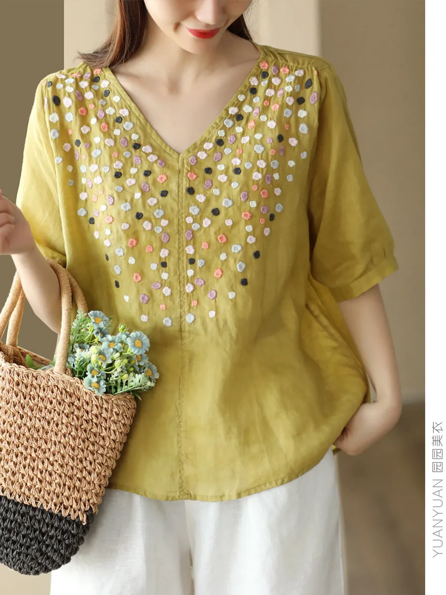Retro Embroidered Heavy Work Linen Shirt Women's V-Neck Pullover Top Garden Beauty New Arrival Elegant Fashionable