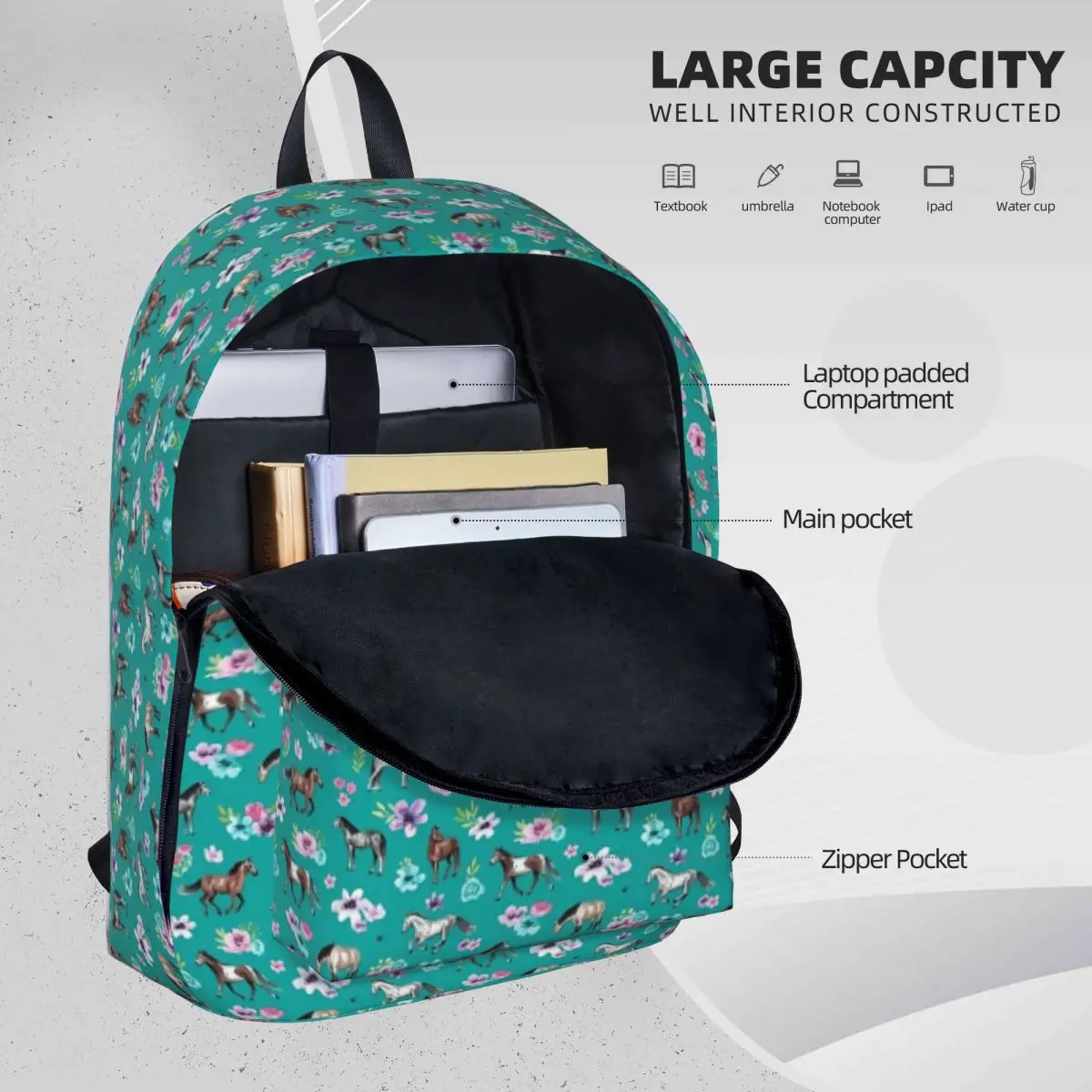 Cavalli e fiori su Teal, stampa cavallo turchese, arte del cavallo, zaini Cowgirl Boy Girl Bookbag borsa a tracolla da viaggio zaino