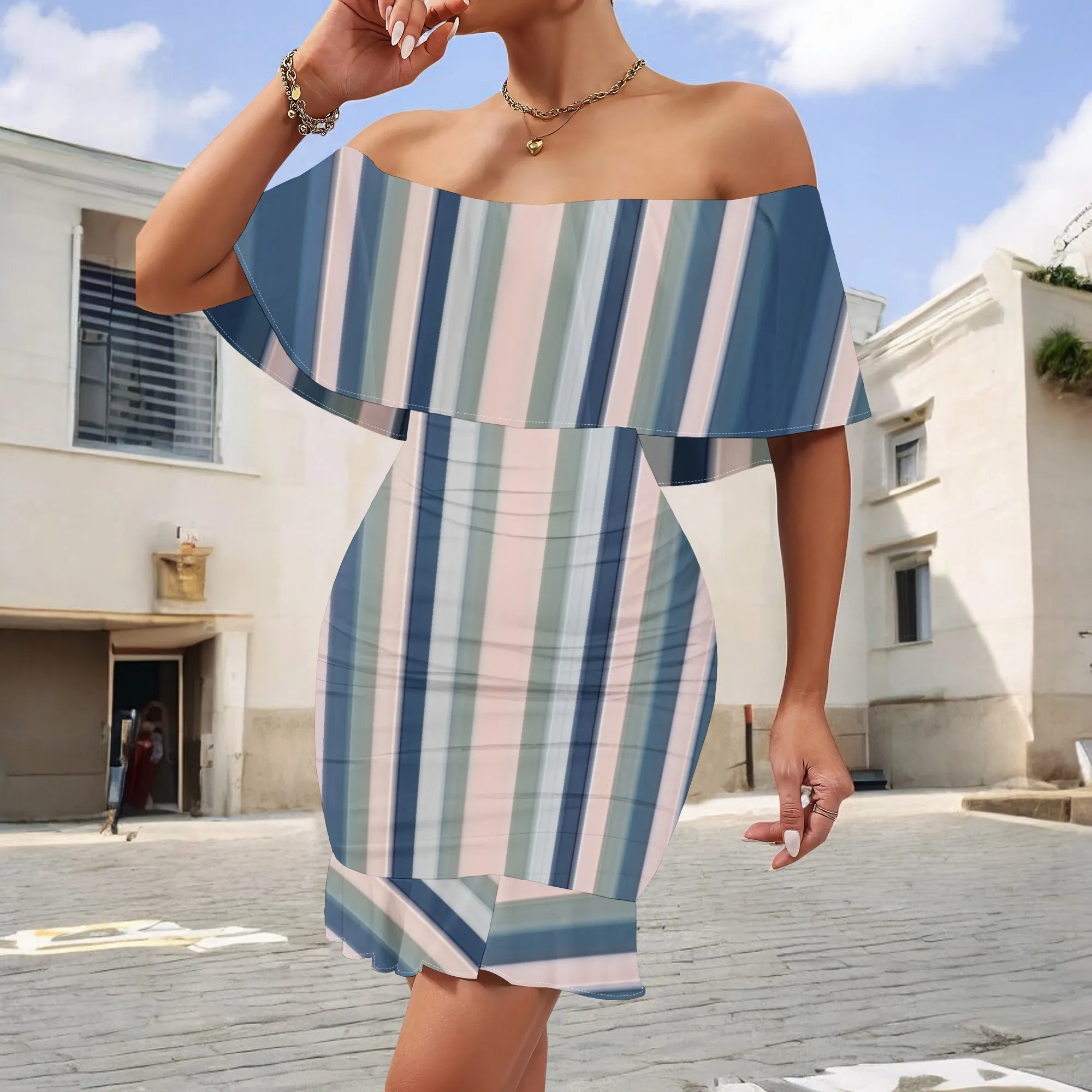 

Blue Stripe Off Shoulder Bodycon Dress S-3XL Ruffle Hem Slim Fit Short Style for Summer Brunch, Date Night or Vacation Look