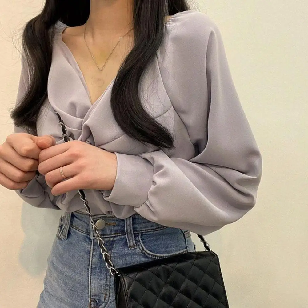 2025 Женская рубашка с вырезом, стильный женский пуловер с v-образным вырезом и рукавами-фонариками, топ с завязками на каждый день для женщин