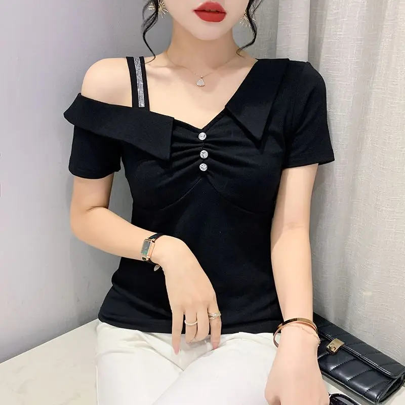 

Female Off Shoulder Lace Women's Solid V-neck T-shirt Tops Ladies Loose Blouse Vintage Hollow Short-Sleeved Blouses Tshirts Q366