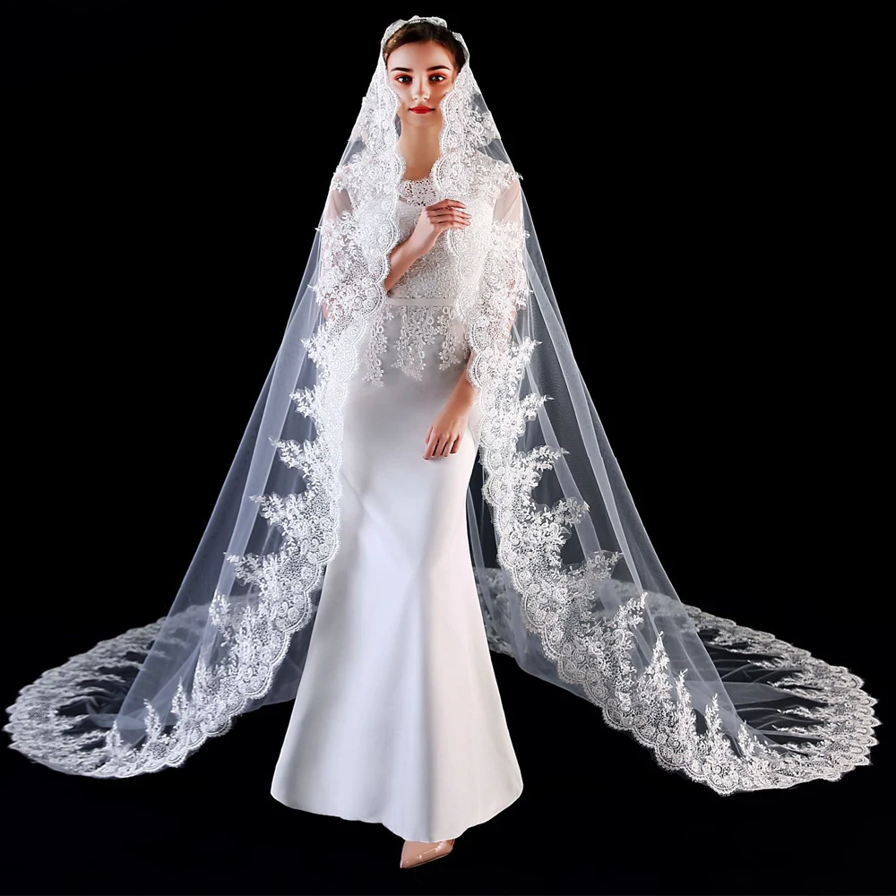 

One Layer Wedding Veil Lace Appliques Long Bridal Veils With Comb 1T Bride Tulle Veils Customized