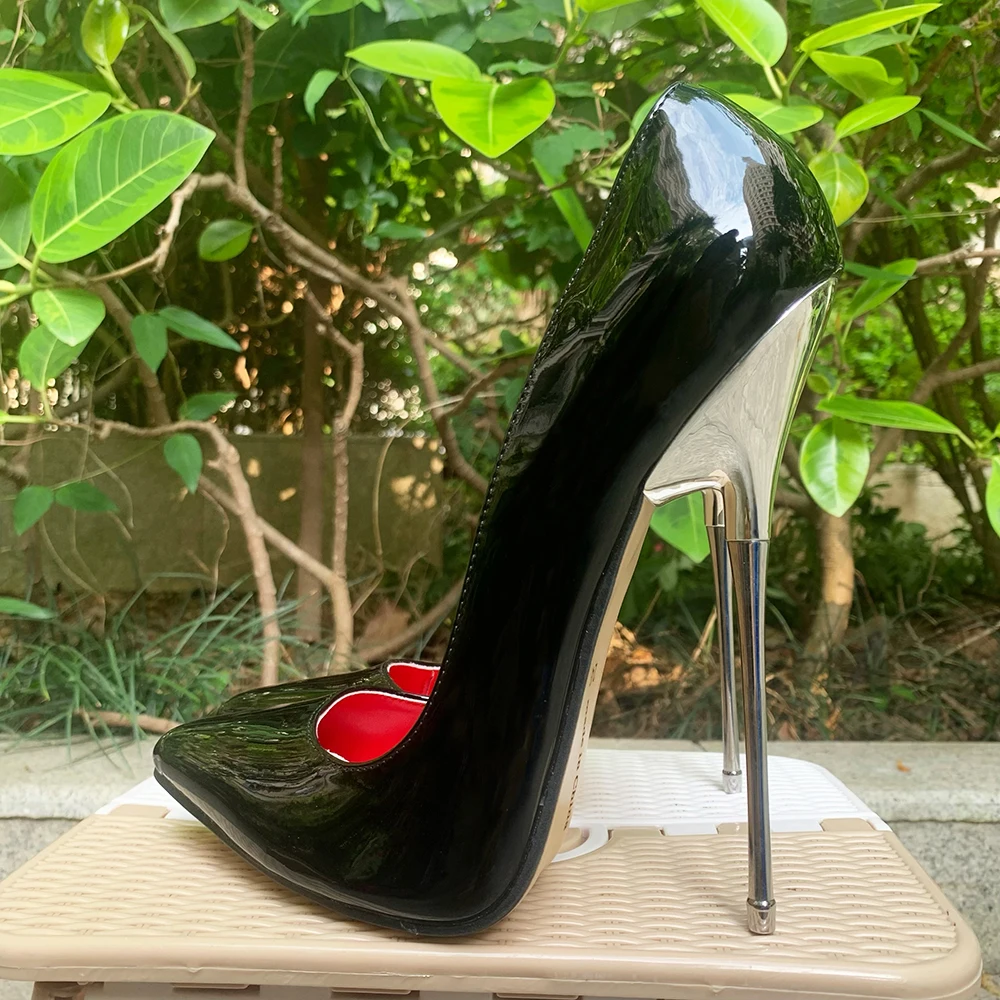 Pumps 16cm Extreme Metal High Heels Black Red Inside Sparkle Plated Heel Stilettos Sexy Fetish Model Customize Unisex Shoes