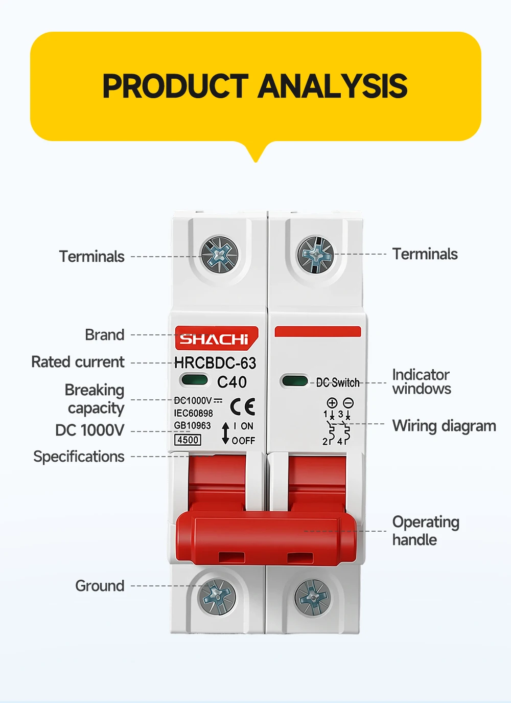 SHACHI 2P DC 1000V MCB Solar Mini-Leistungsschalter - Überlastschutzschalter Größen 10A bis 63A für Photovoltaik-PV-Systeme – Detail 10