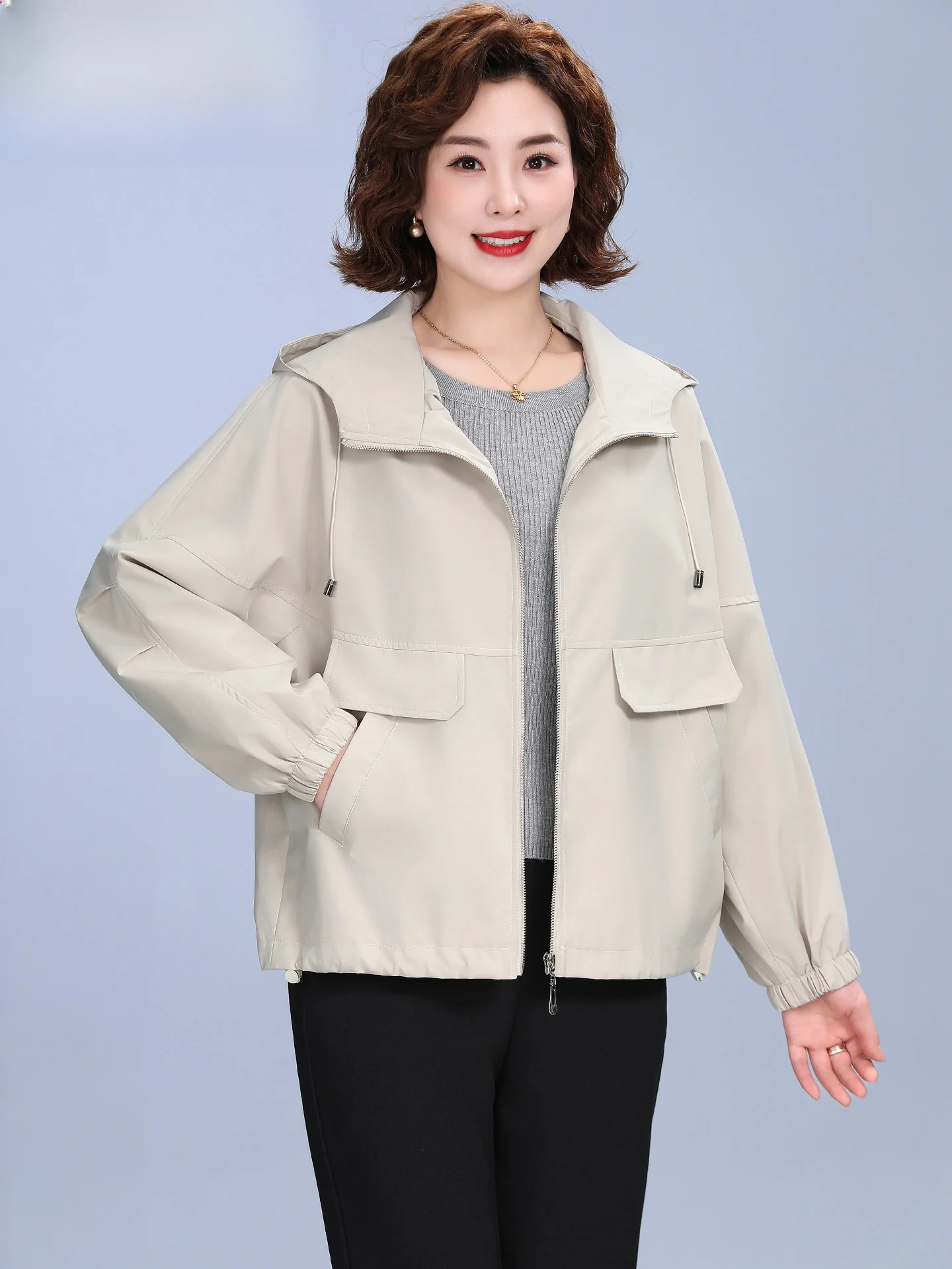 

Casual ort Women's Jaet Spring Autumn Middle-Aged Faion Loose Wide Lady Top Breathable Polyester Fiber Zipper Closure