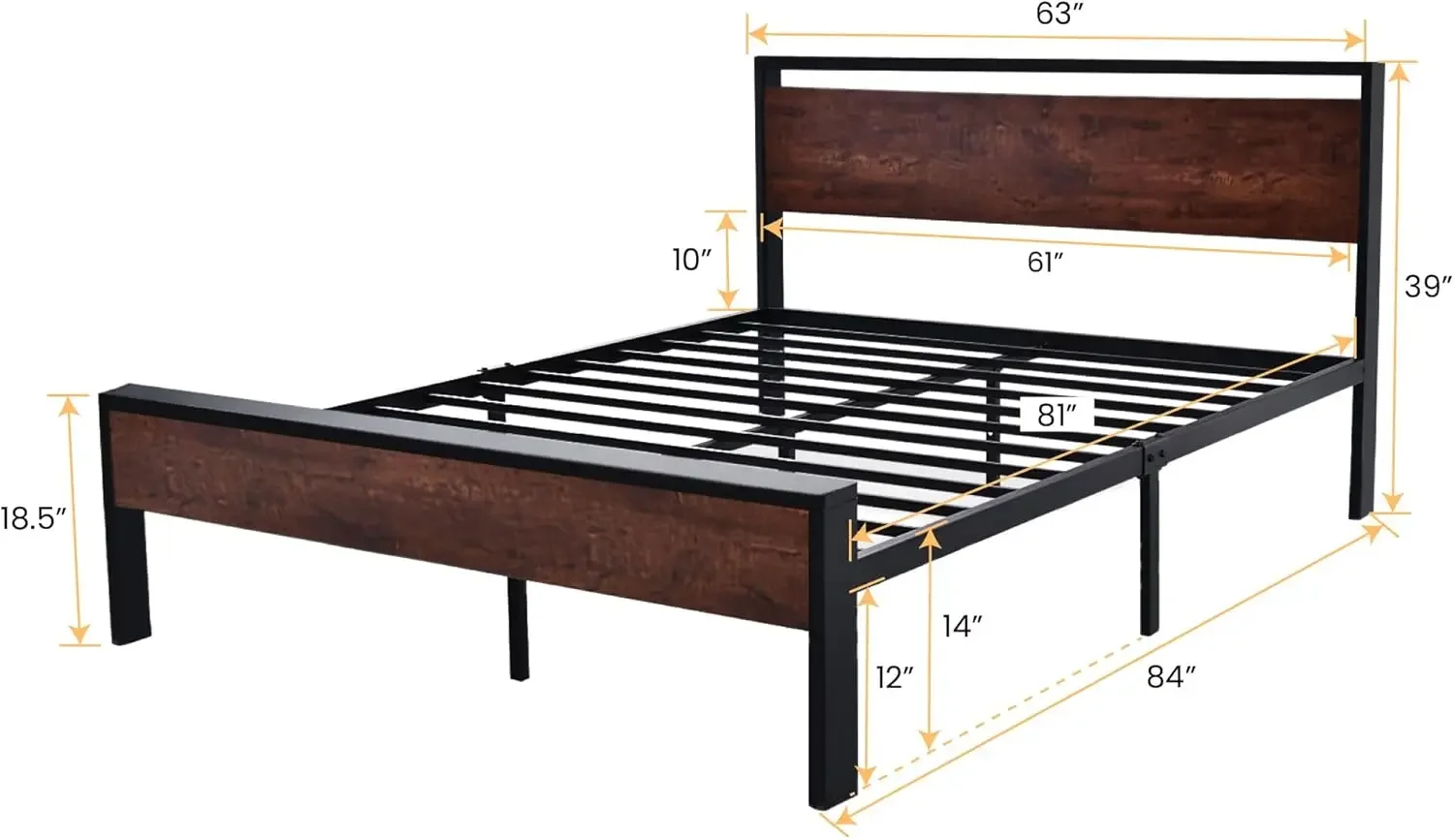 Inch Queen Size Metal Platform Bed Frame with Wooden Headboard and Footboard, Mattress Foundation, No Box Spring Needed, Large U