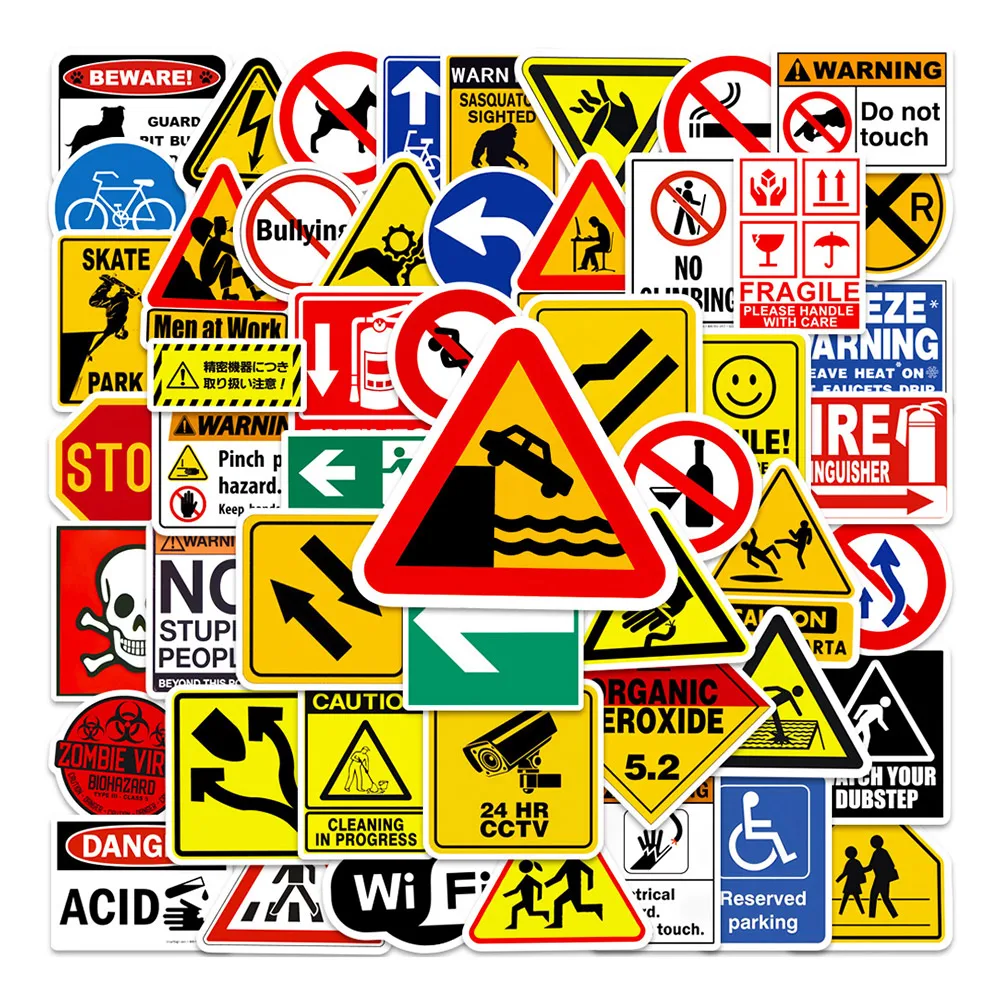 50pcs Funny Warning Stickers Danger Banning Sign Car Scooter Motorcycle Suitcase Violation Sticker Graffiti Stickers