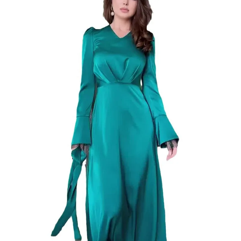 JY Autumn new V-neck solid color split long sleeved slim waistband dress, simple and elegant fashion temperament long skirt