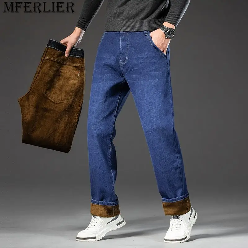 

Plus size Winter jeans men's padded straight high elasticity thickened warm medium-high waist casual men's trousers 46 130kg