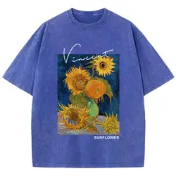 Casual Womens Cotton Washed T-Shirts Van Gogh Sunflower Printing Short Sleeve O-Neck Breathable Soft Tops Fashion Female Clothes