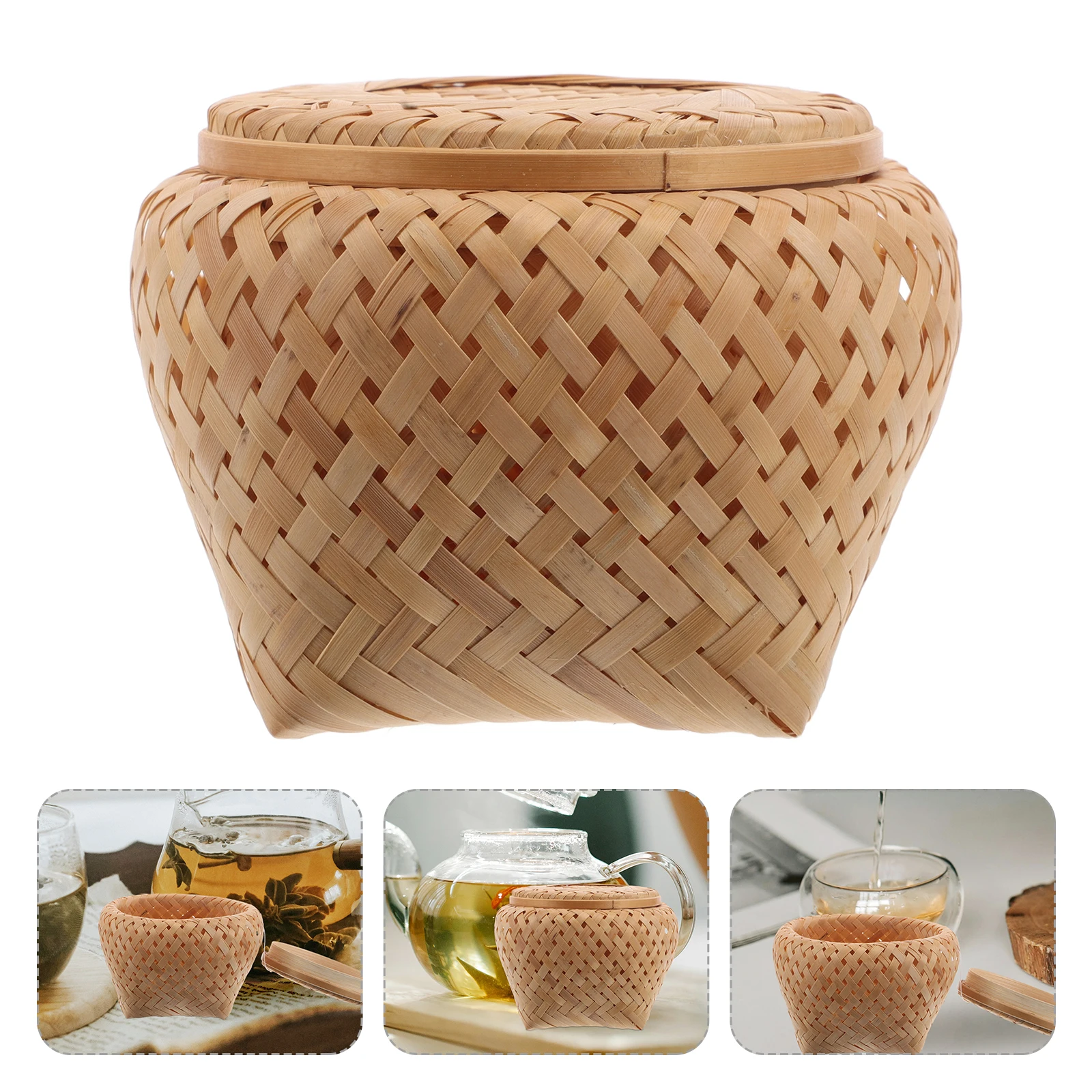 

Bamboo Canister Woven Storage Basket With Lid Organizer For Bags Snacks Coffee Small Wicker Basket Tea Packet Holder Dish
