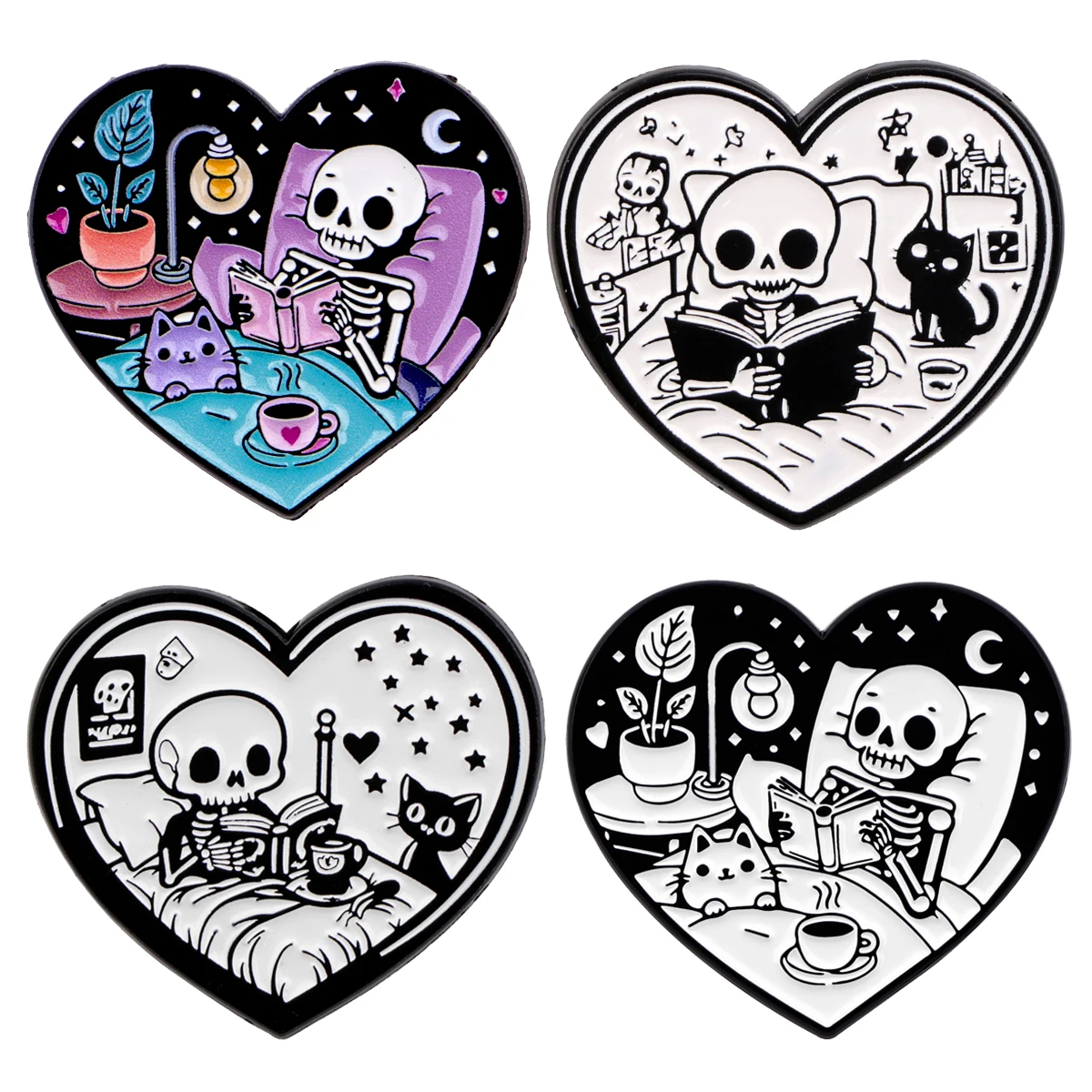 4 teile/satz Lesen Skelett Emaille Pins Herzförmige Metall Brosche Rucksack Hut Tasche Kragen Abzeichen Mode Schmuck Halloween Geschenke