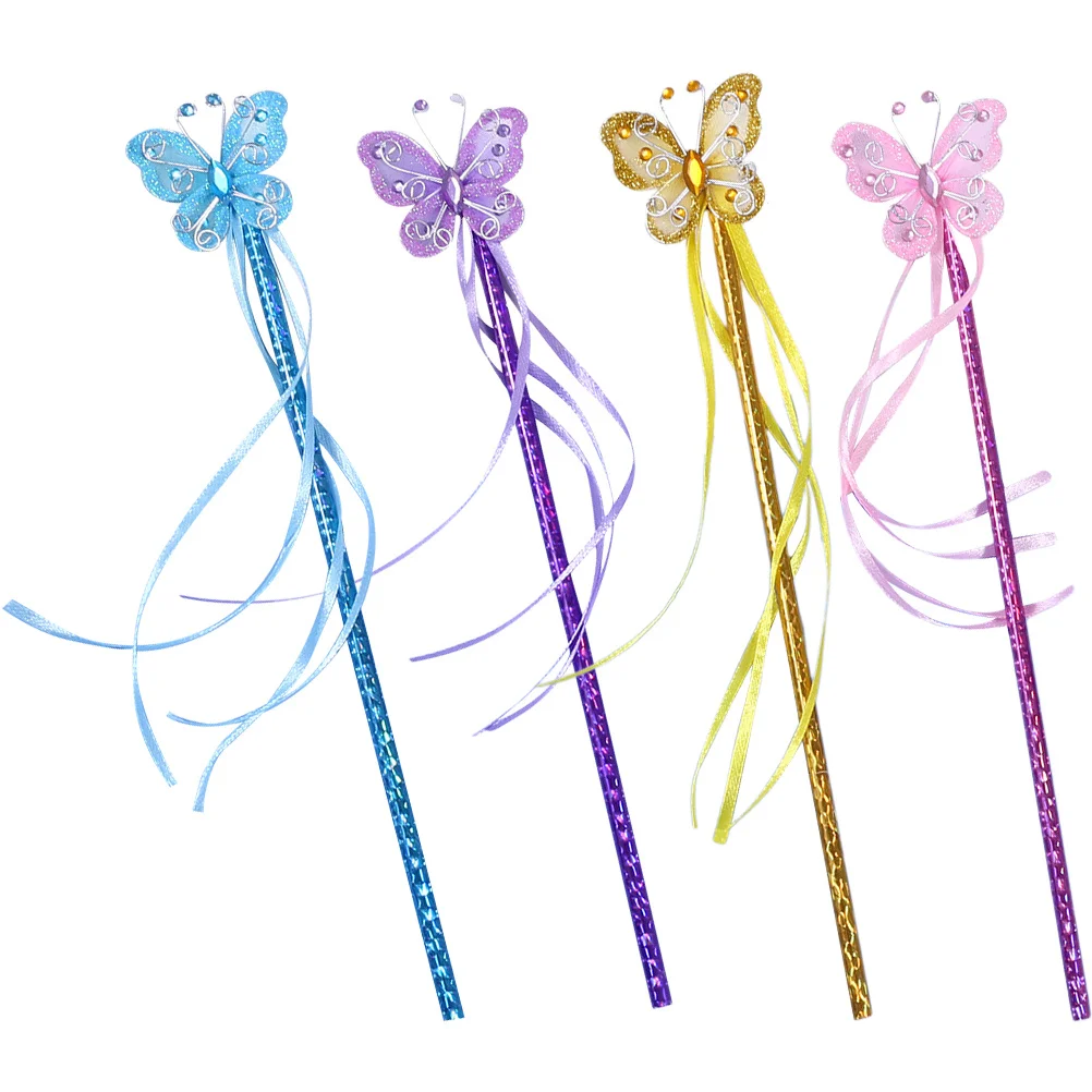 4Pcs Shining Fairy Wands Butterfly Tassel Glitter Sticks Party Supply Kids Cosplay Props Angel Costume Accessories