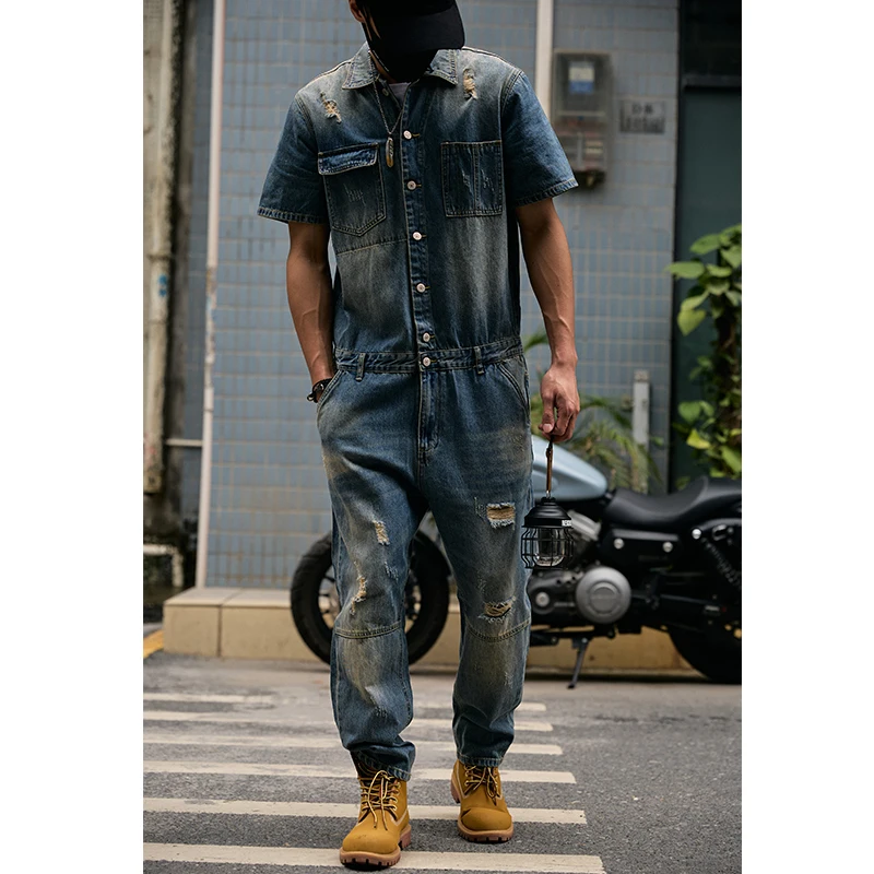 

Youth Summer Workwear Denim Overalls Men's Waed Ripped ort Sve Denim Set Overalls 9 Point Jeans Casual Loose Straight Cut