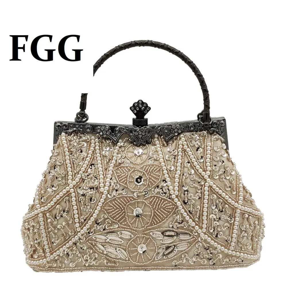 Boutique De FGG Vintage kobiety szampan zroszony torebki wieczorowe torebki ślubne damskie imprezowa, koktajlowa kopertówki