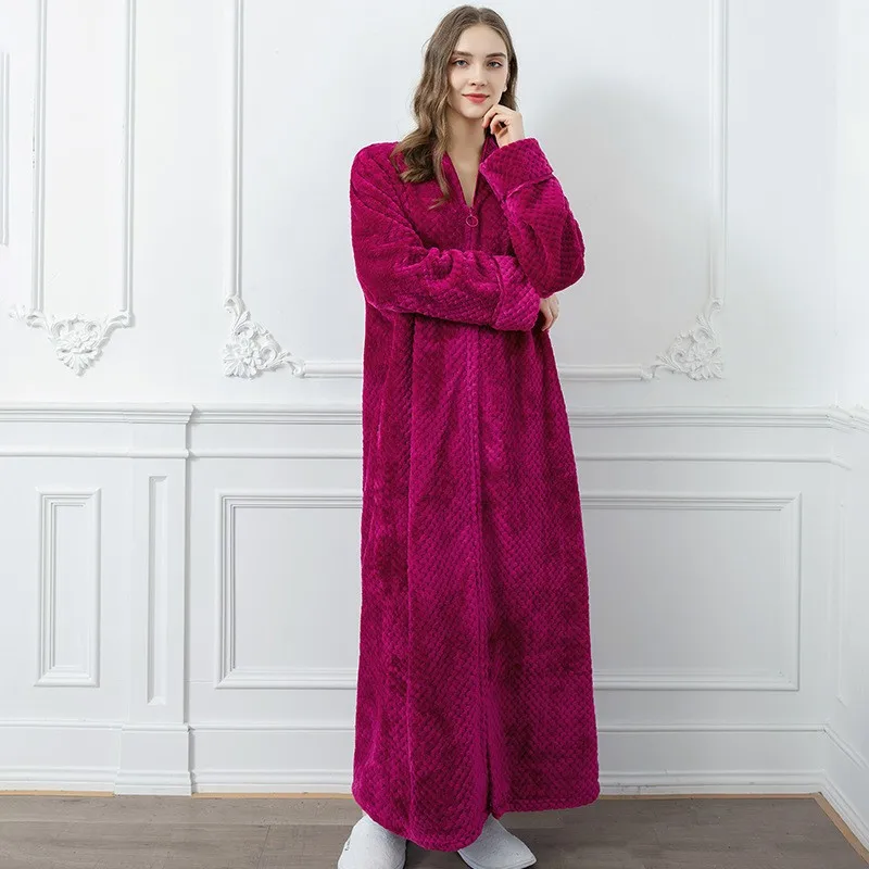 Women Winter Extra Long Warm Jacquard Flannel Bathrobe Pregnant Zipper Plus Size Dressing Gown Lounge Coral Fleece Bath Robe