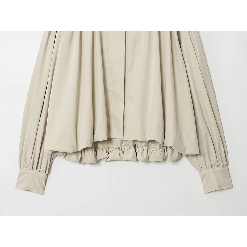 YENKYE nouvelle mode col montant plissé veste courte pour les femmes manches bouffantes Streetwear manteau Chic dame vêtements d'extérieur d'automne