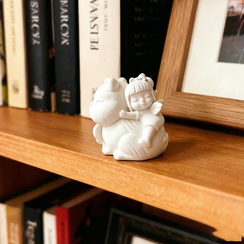 Little Angel Riding Cat Figurine,3D Printed Cherub And Feline Sculpture For Bookshelf Window Nook Warm Home Desktop Decor Gift