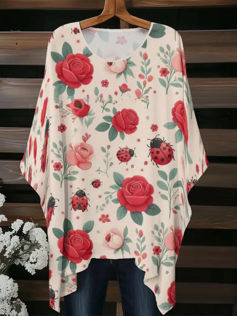Women's plus Size round Neck Bat Sleeve Loose Top Casual Pullover Irregular Hem Weight Flattering Fashionable Cover up