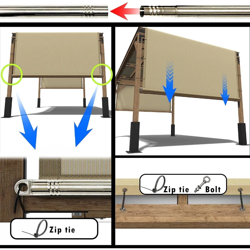 Black Pergola Sun Shade Canopy Replacement Cover with Stainless Steel Weighted Rods, 95% UV Blockage,Commercial Grade