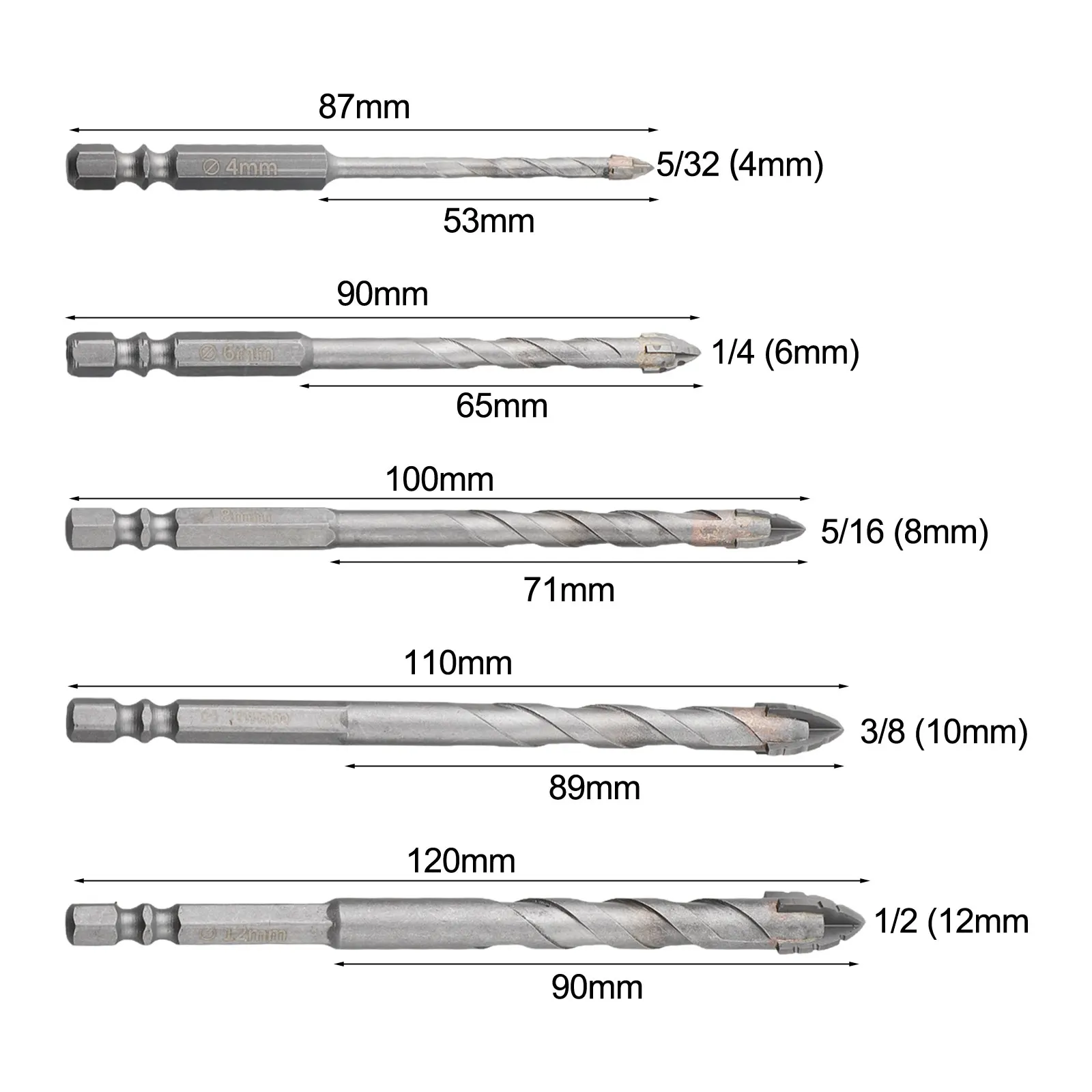 

6mm Masonry Drill Set Drilling For Concrete Glass Milling Cutter Industrial Drill Bits 4 Flute Design Cross-head Tip