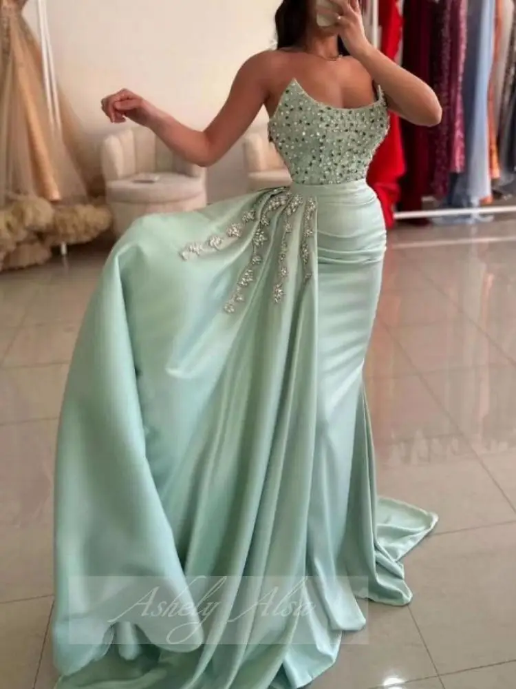 Customized Elegant Lime Green Luxury Women Evening Dresses Mermaid Beads Crystal Long Formal Occasion Dress Prom Party Gown