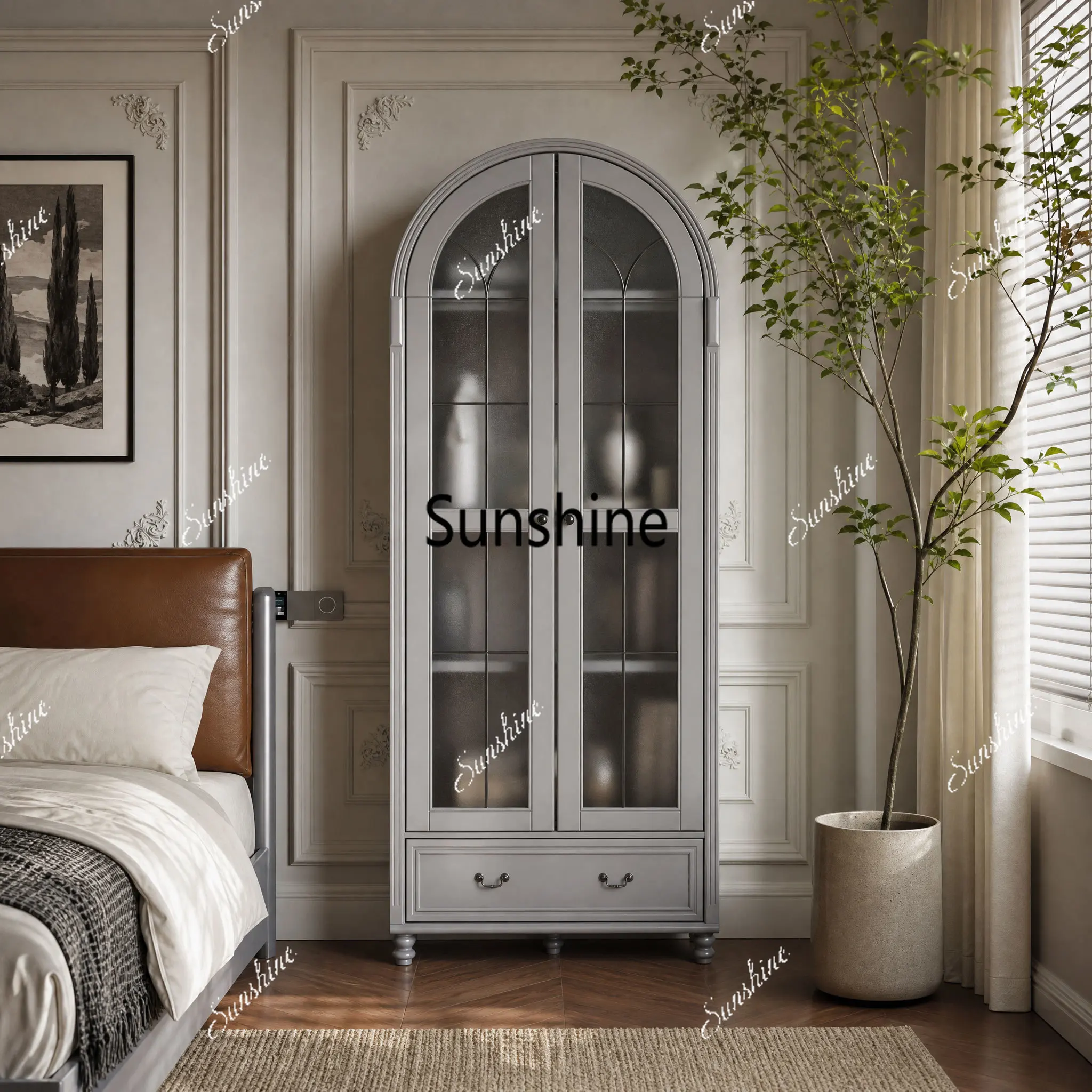 All solid wood European arched small apartment custom wardrobe finished product