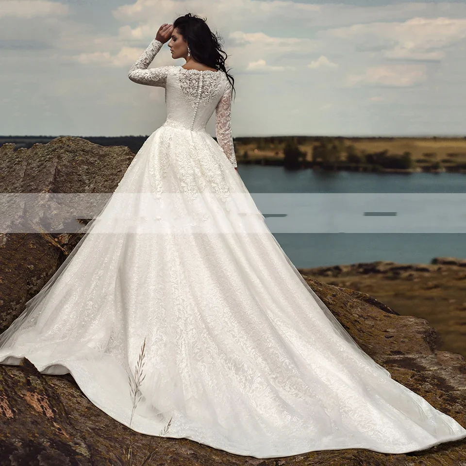 Personalizado o-pescoço apliques mangas compridas vestidos de casamento branco aline até o chão varredura trem vestido de noiva novia