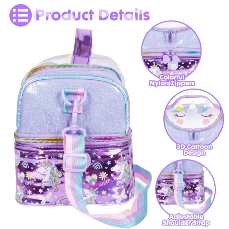 VEST Kids Double cooler Insulated lunch bag Large tote for boys and girls with adjustable shoulder strap, unicorn