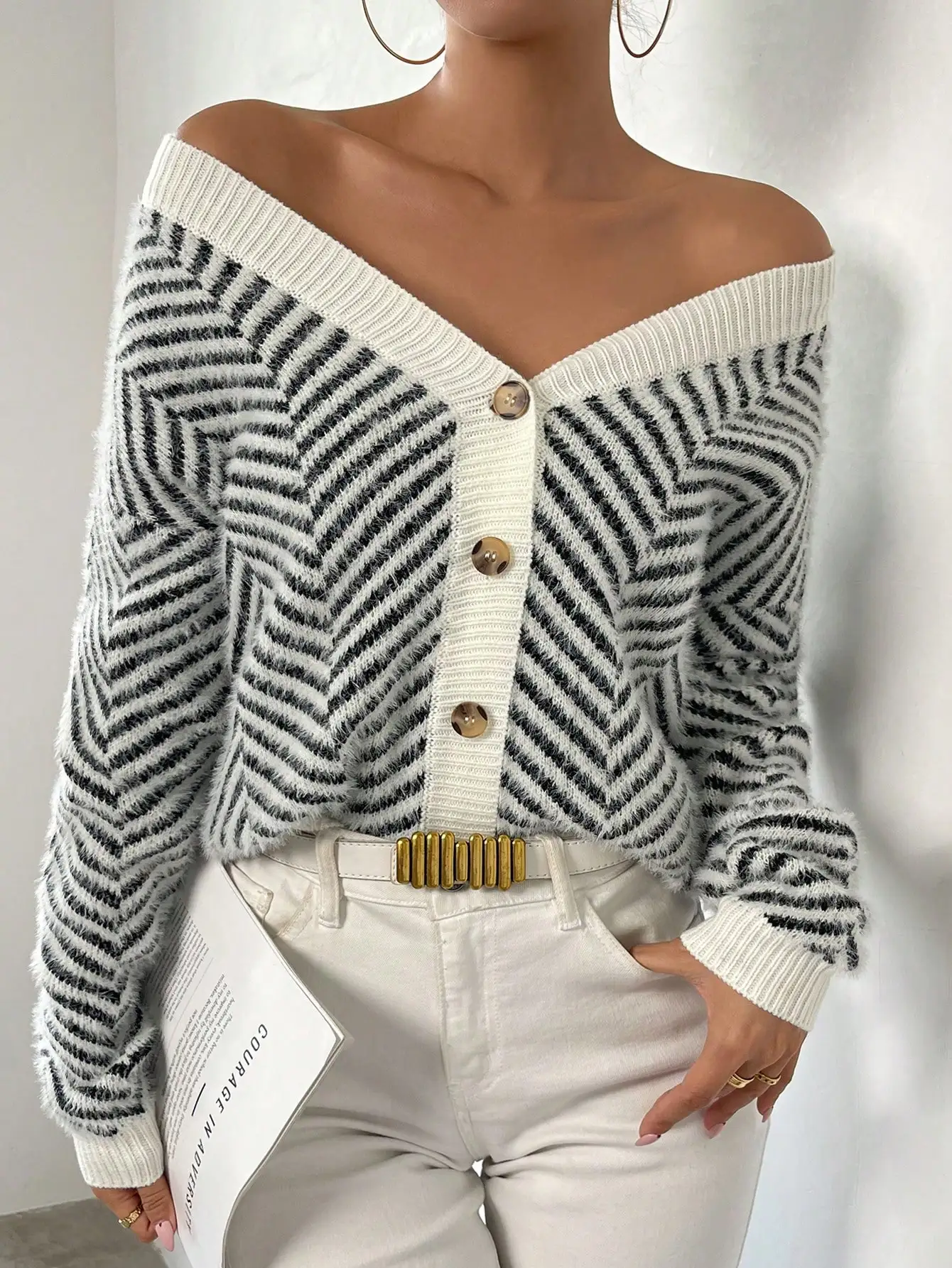 

Off-Shoulder Chevron Stripe Knit Cardigan with Button Front
