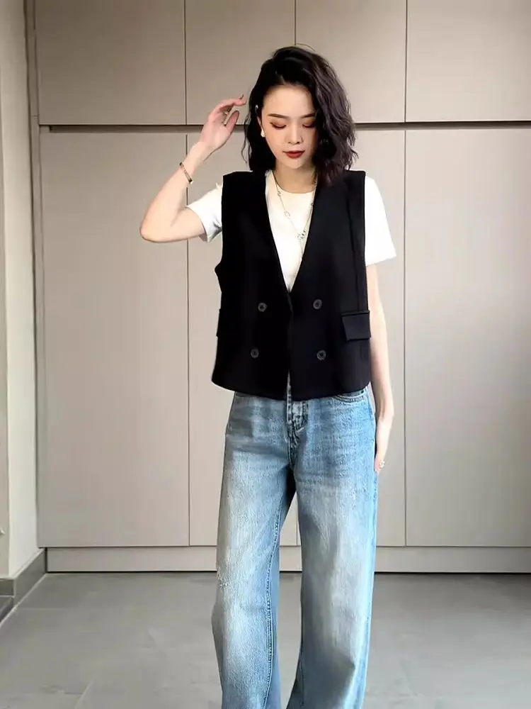 

Bla ort V-Ne Women's Vest Jaet Svel Versatile Brand Outlet Design Spring Autumn Pure Color Button-Up Outerwear
