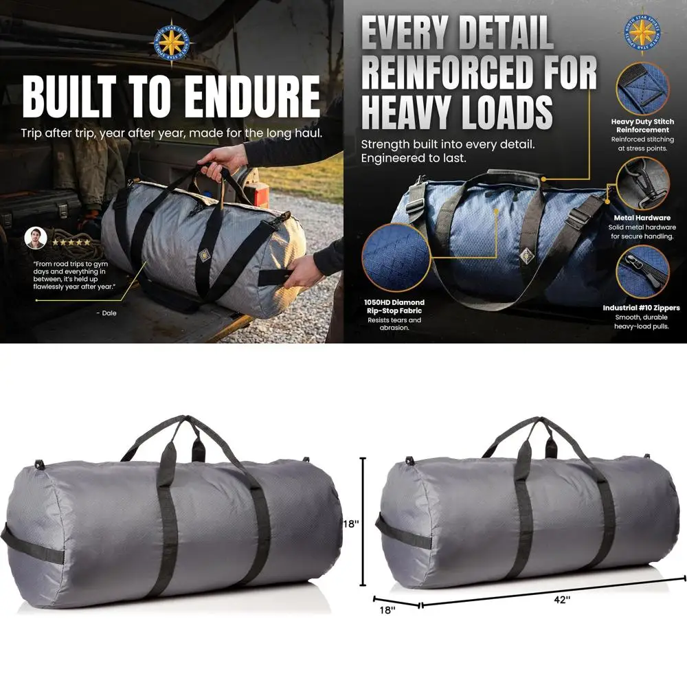 

Extra-Durable XL Ripstop Duffle Bag, 175L Capacity, Weatherproof, Packable for Travel (18 x 42, Grey)