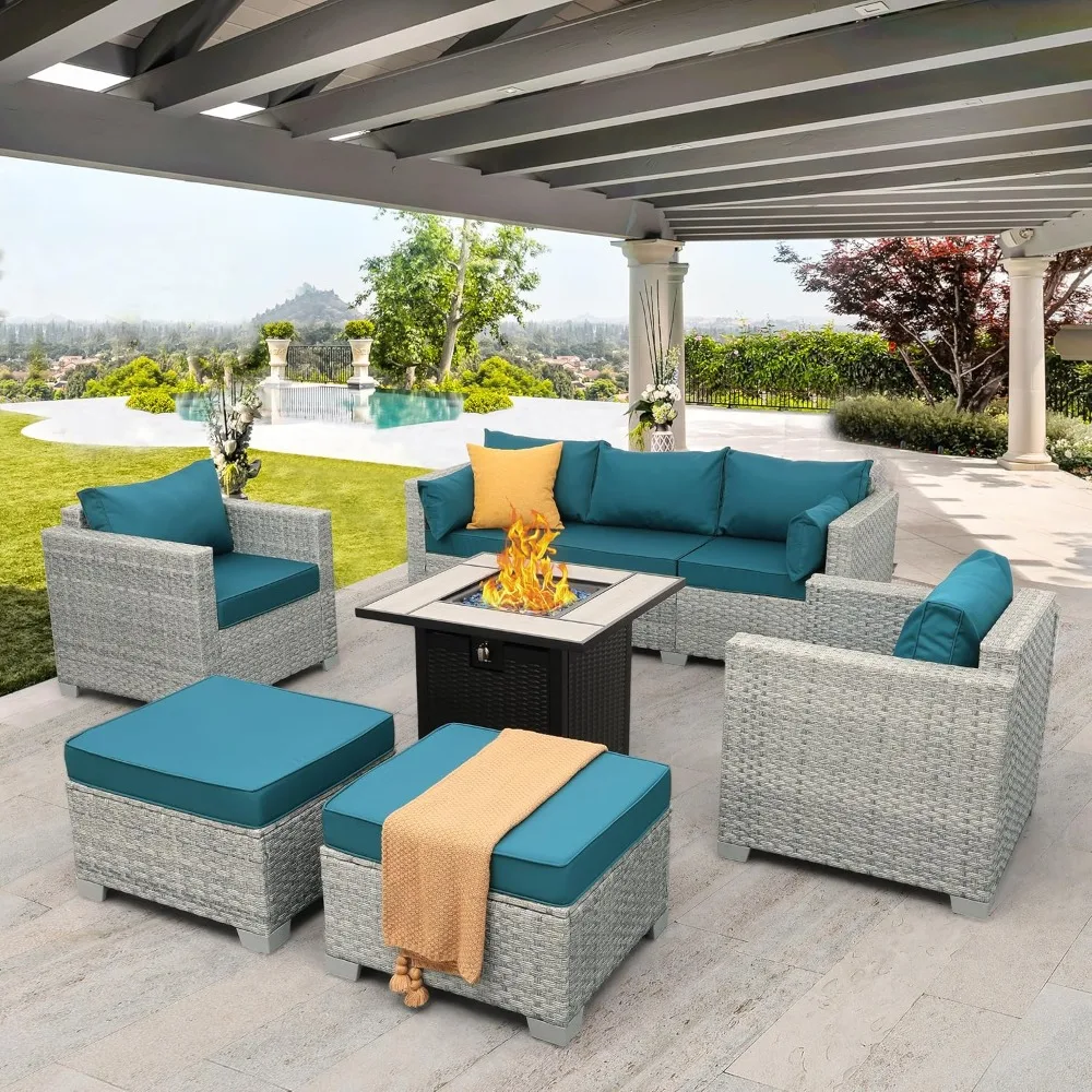 

Patio Furniture Set 6 Piece Outdoor Patio Set Grey Wicker Balcony Furniture Conversation Sets PE Rattan Couch Sofa with F
