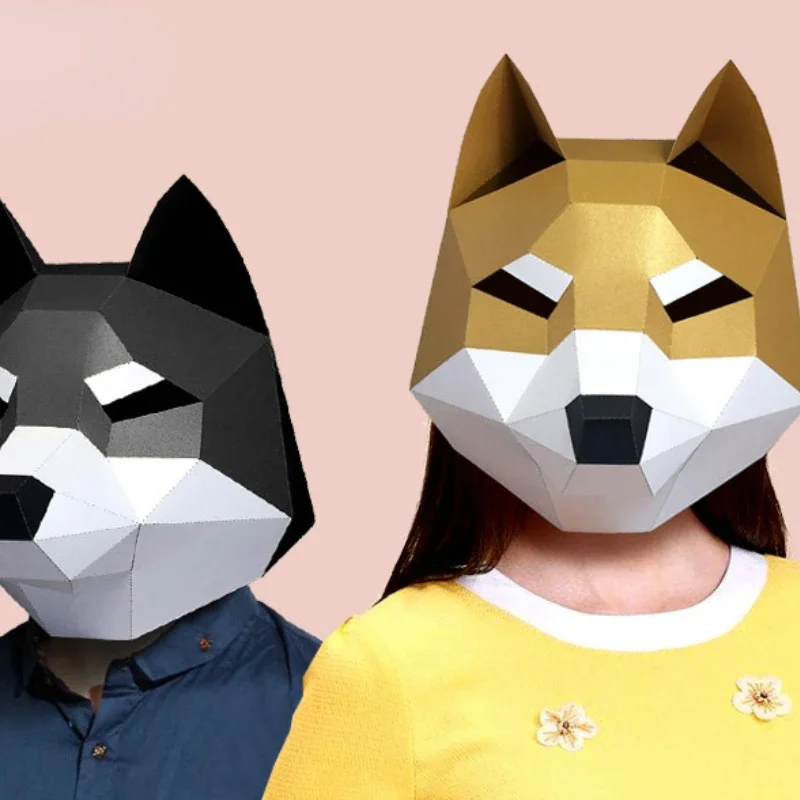 3D Paper Mold Shiba Inu Head Mask Headgear Animal Model Halloween Cosplay Props Woman Men Party Role Play DIY Craft Masks