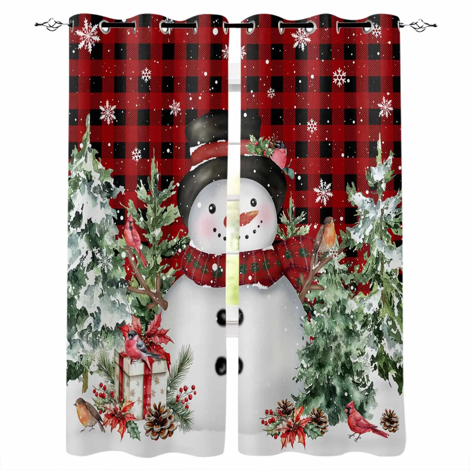 Snowman Christmas Tree Mockingbird Red Grid Living Room Bedroom Window Treatment Blinds Drapes Modern Kitchen Curtains