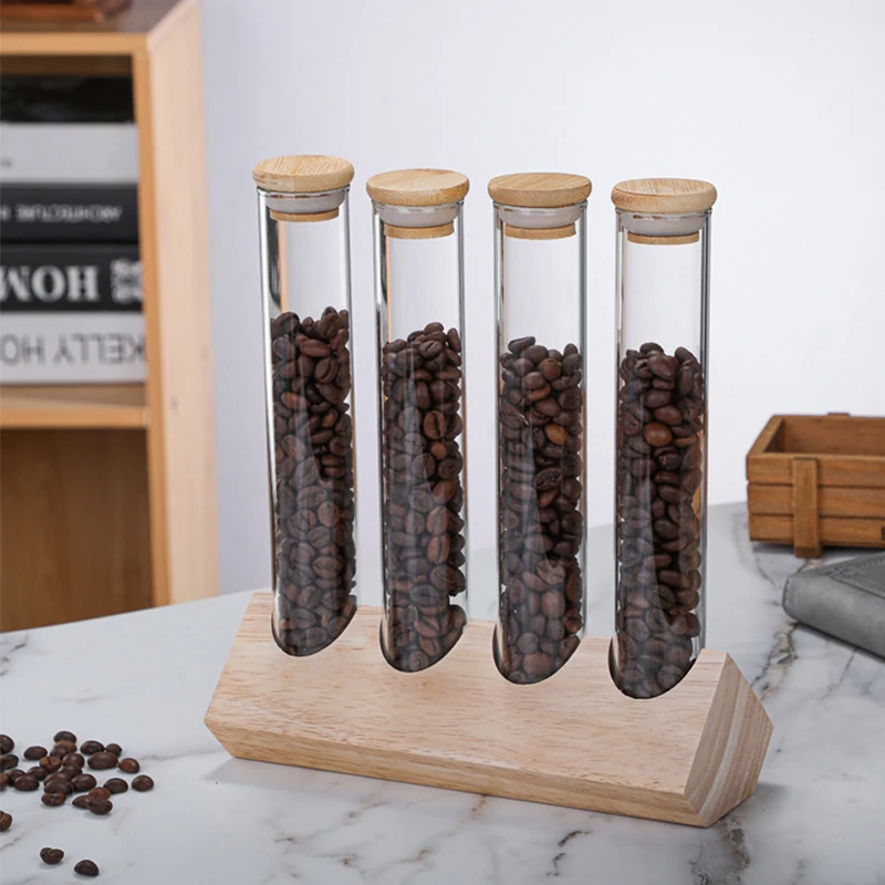 Wooden Coffee Beans Display Rack Stand Flower Tea Storage Jar Sealed Bottle 150ml Transparent Glass Test Tube with Cork Stopper