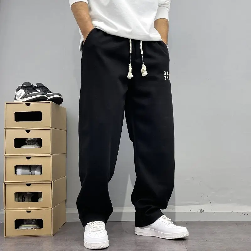 

Spring Autumn Loose Joggers Gray Straight Leg Embroidered Sweatpants Sporty Wide Leg with Drawstring Easy Match Casual Outfit