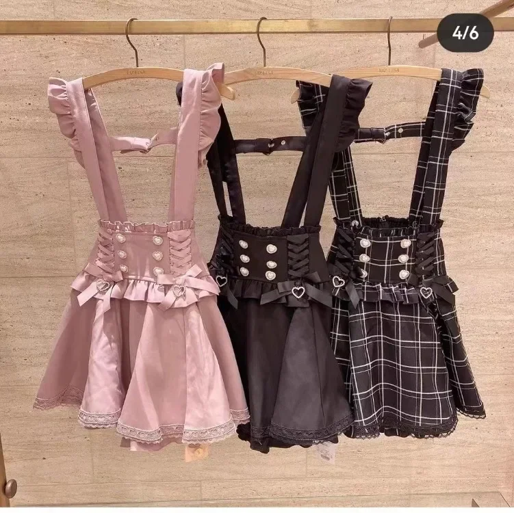 Japanese Gothic Lolita Ribbon Bow Diamond Pearl Buckle Removable Short Suspender Skirt Girls Sweet Cute Lace A-Line Mini Skirts