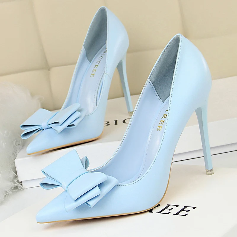 

Новые женские элегантные туфли-лодочки на высоком каблуке 10,5 см, женские небесно-голубые туфли принцессы с узлом-бабочкой, женские гламурные туфли с острым носком