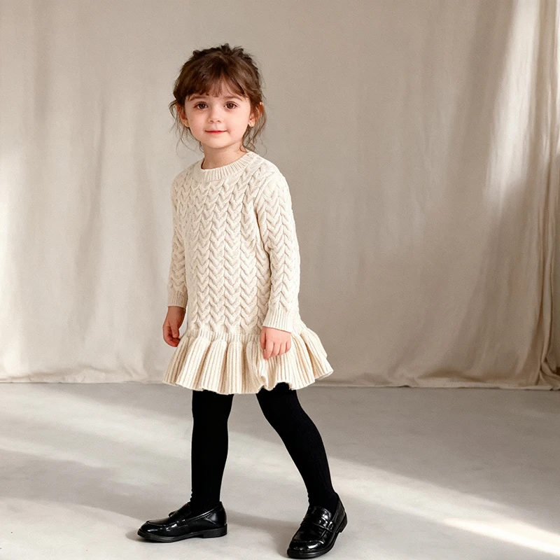 

2026 New Spring Children Knitted Clothes 1-6Yrs Baby Girls Long Sleeved Solid Color Knitting Dress Kids Princess Dresses